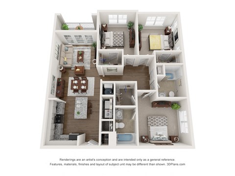 a 3d floor plan of a 3 bedroom apartment
